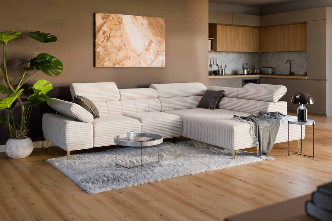 Taloria L Hoekbank Rechts met Elektrisch Uitschuifbare Zitting | Beige Pluche | 312x214 cm