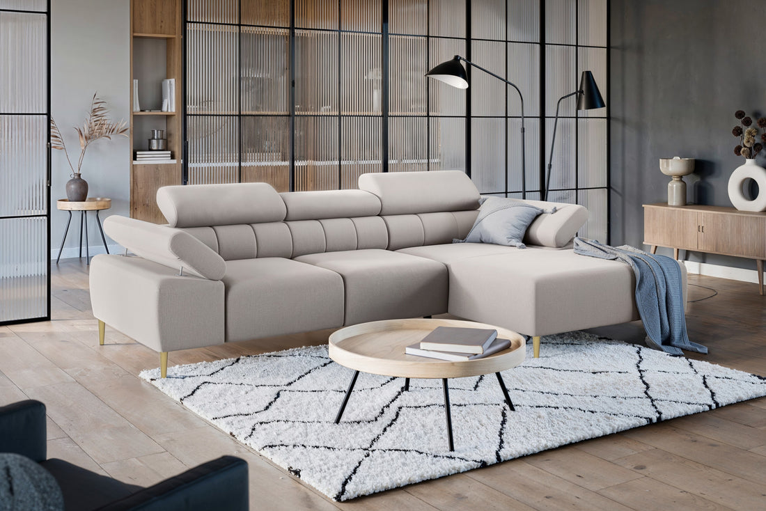 Taloria Mini Hoekbank Rechts met Elektrisch Uitschuifbare Zitting | Beige Maya 01 | Gouden Poten