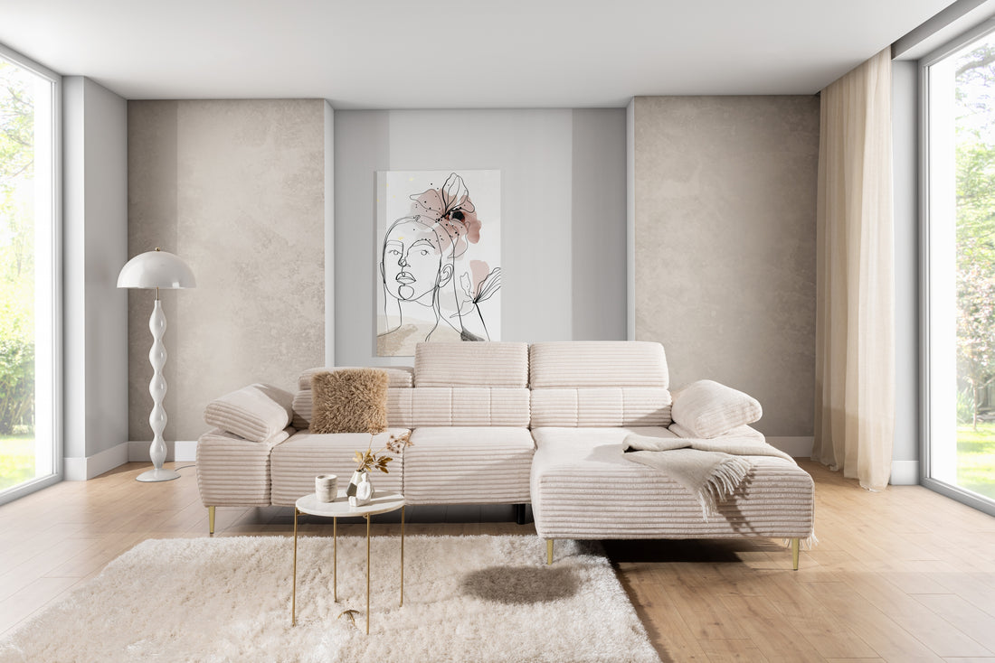 Taloria Mini Hoekbank Rechts met Elektrisch Uitschuifbare Zitting | Beige Pluche | Gouden Poten