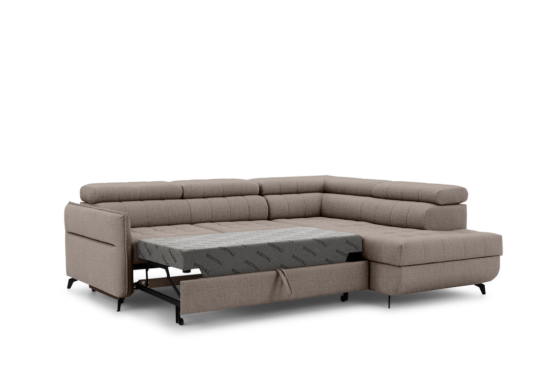 Elarias L-hoekbank met slaapfunctie en opbergruimte | Beige hydrofobisch fluweel | Rechterkant
