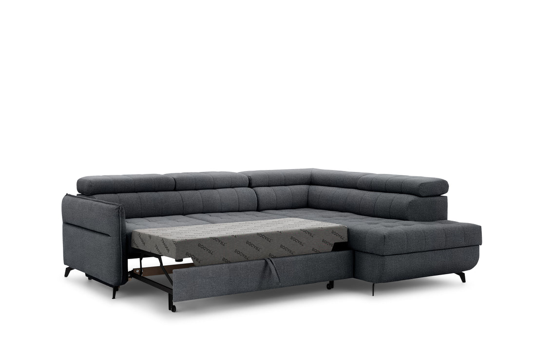 Elarias L Hoekbank met Slaapfunctie en Opbergruimte | Kleur: Grafiet | Maat: 251x79/97x203 cm