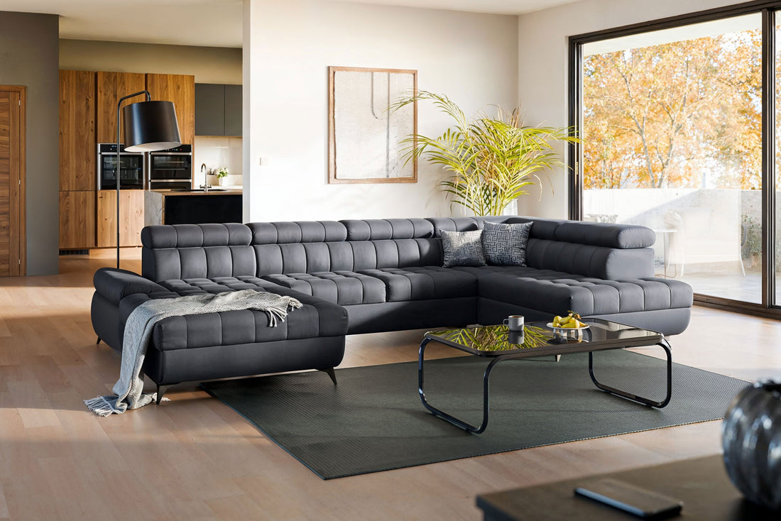 Valoris U II hoekbank met slaapfunctie en opbergruimte | Kleur: Grijs | Maat: 347x79/97x203 cm