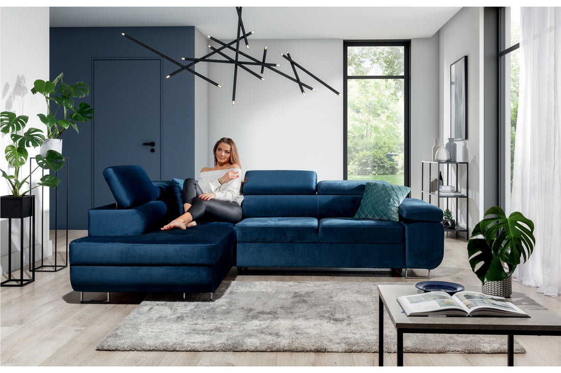 Annabelle L Hoekbank met Slaapfunctie - Marineblauw Hydrofoob Fluweel | Kleur: Marineblauw