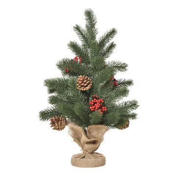 Mini kerstboom 50 cm met rode bessen en dennenappels | Kleur: Groen | Afmetingen: 28x28x50 cm