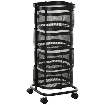Serveerwagen met 4 manden op wielen | Kleur: Zwart | Afmetingen: 33x33x77 cm