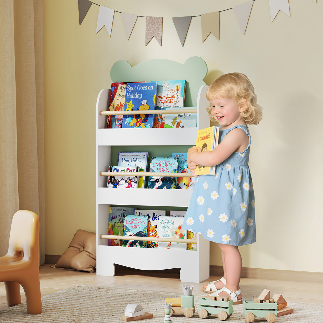 Kinderbücherregal mit 3 Ebenen und Bärenmotiv | Farbe: Grün | Maße: 55x15x110 cm