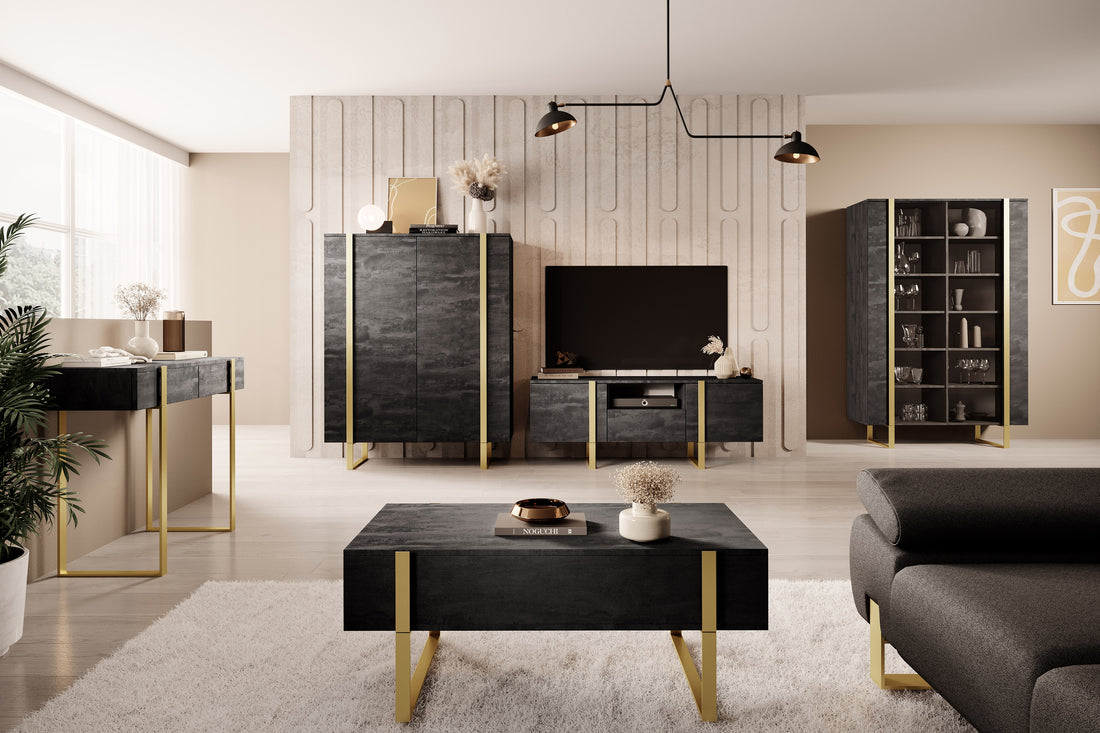 Verica Console/Kaptafel met 2 lades - Zwart Beton & Gouden Poten | 120x78x40 cm