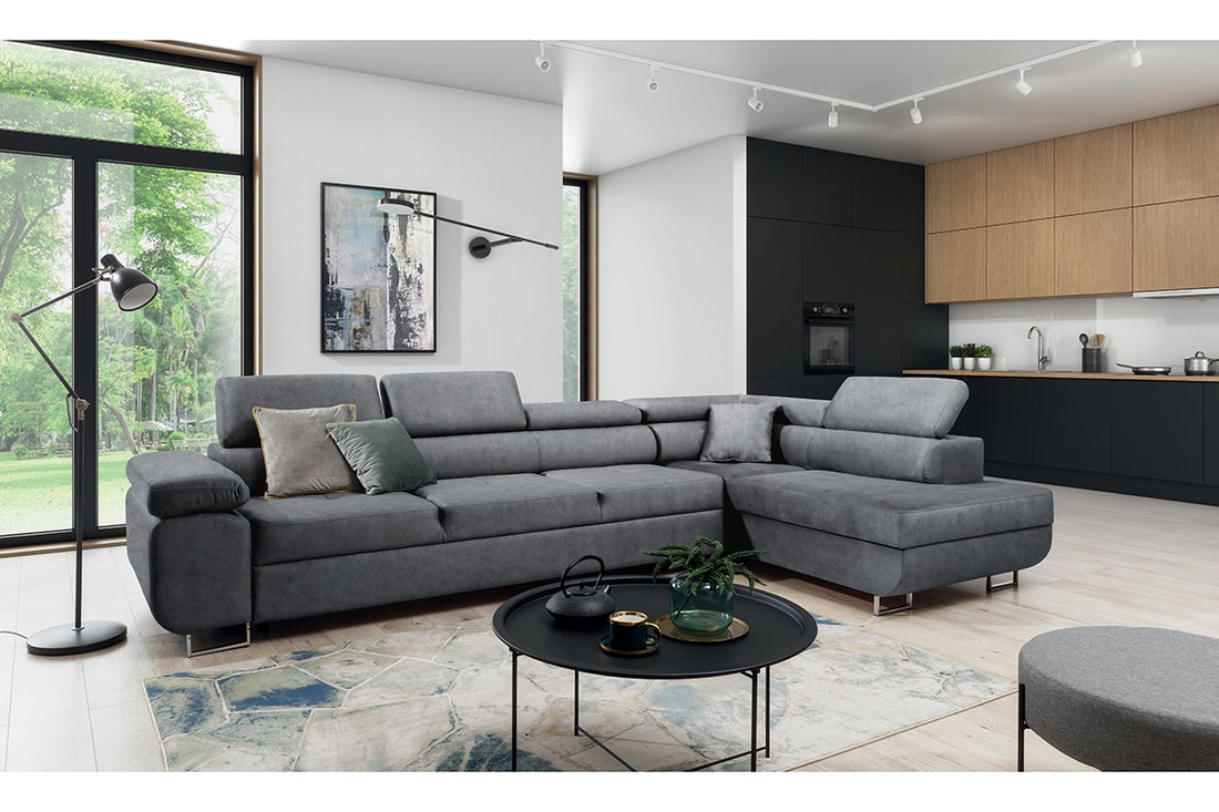 Annabelle Maxi hoekbank met slaapfunctie – Rechterkant | Kleur: Grafiet | Maat: 340x98x203 cm