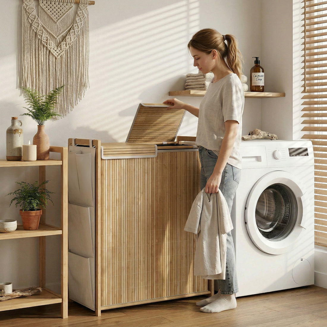 Tvättkorg i bambu 120 L med lock och förvaringsfack | Färg: Natur | Mått: 33x63x78 cm