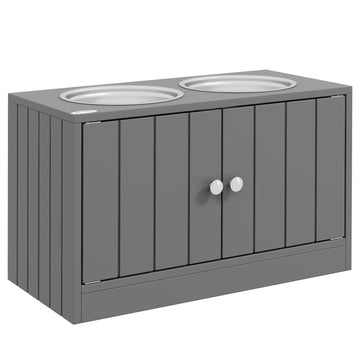 Verhoogd voerstation voor honden met 2 RVS-nappen | Kleur: Grijs | Afmetingen: 30x60x35,5 cm
