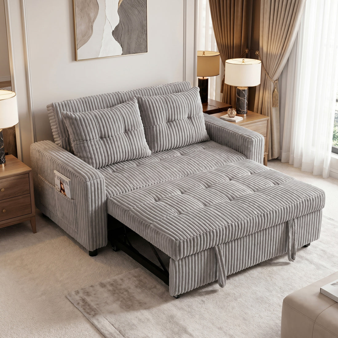 2-zits slaapbank van corduroy met 2 kussens | Kleur: Lichtgrijs | Afmetingen: 157x90x91 cm
