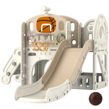 7-in-1 kinderglijbaan met tunnel en basketbalring | Kleur: Crèmewit | Afmetingen: 153x186x111 cm