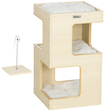 Kattenhuis - 3-laags kattenmand met kussens en speelgoed | Kleur: Eik | Afmetingen: 34x34x60 cm