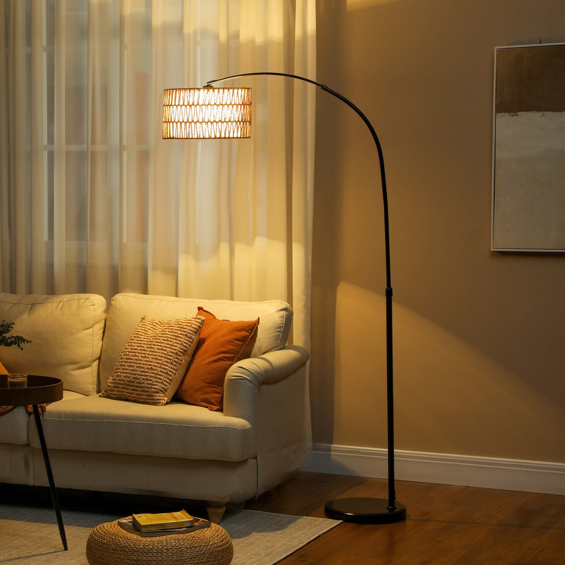 Vloerlamp met henneptouwenkap | Kleur: Zwart, bruin | Afmetingen: 34x93x144-175 cm