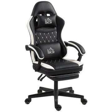 Verstelbare gamingstoel met voetsteun | Kleur: Zwart en wit | Afmetingen: 62x62x118-128 cm