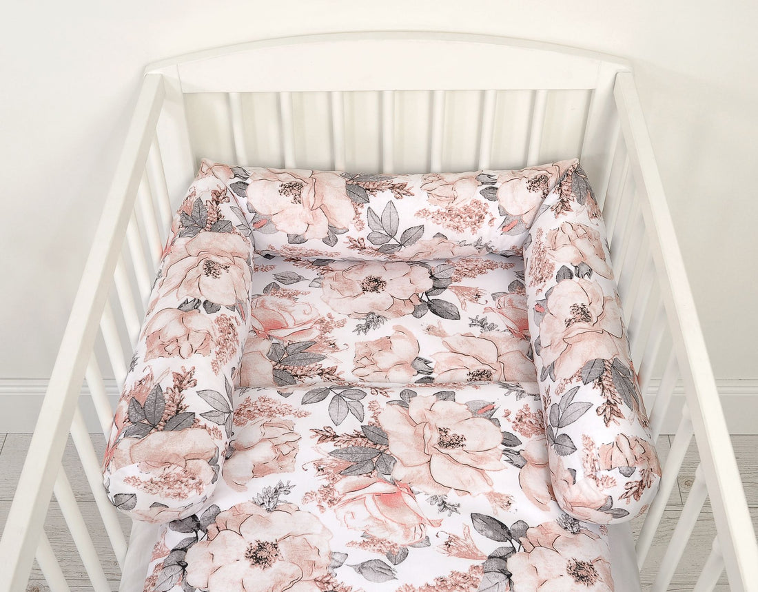 Rullande ormbädd för babysäng - sängskydd - optimalt skydd mot stötar - sepia rosmönster