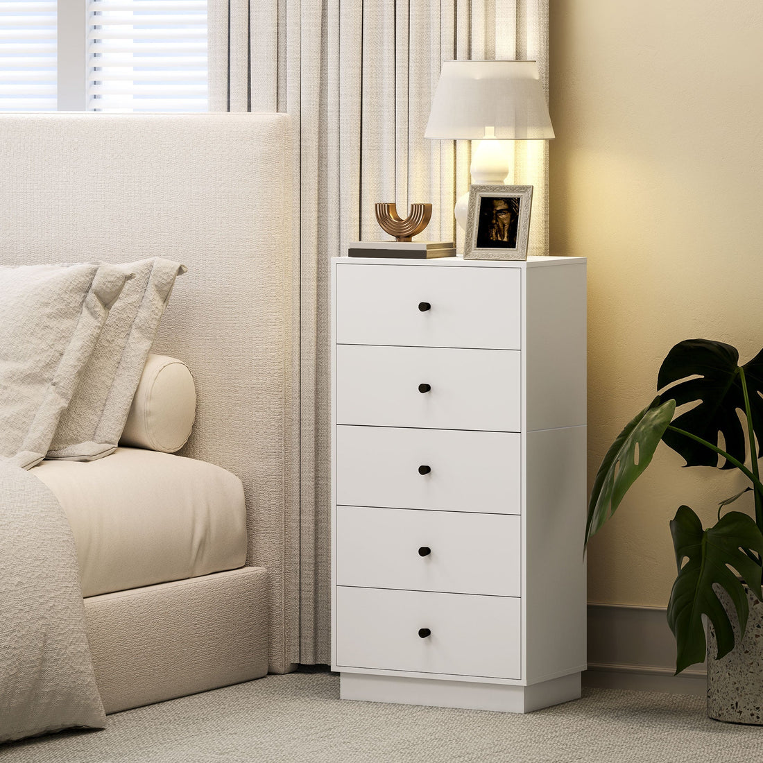 Weißer Holzschrank mit 5 Schubladen - Moderner Stil | Farbe: Weiß | Abmessungen: 47x29x95 cm