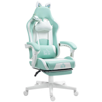 Gamingstoel met kattenoren en voetensteun | Kleur: Blauw, wit | Afmetingen: 65x62x116-124 cm