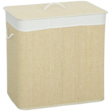Bamboe wasmand met deksel 3 vakken 144 L | Kleur: Creme | Afmetingen: 40x60x60 cm