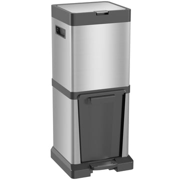 Dubbele RVS pedaalemmer 34L met deksel | Kleur: Zilver | Afmetingen: 31,5x32,5x78 cm