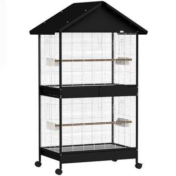 XXL vogelvolière met scheidingswand en wielen | Kleur: Zwart | Afmetingen: 70x94x158 cm