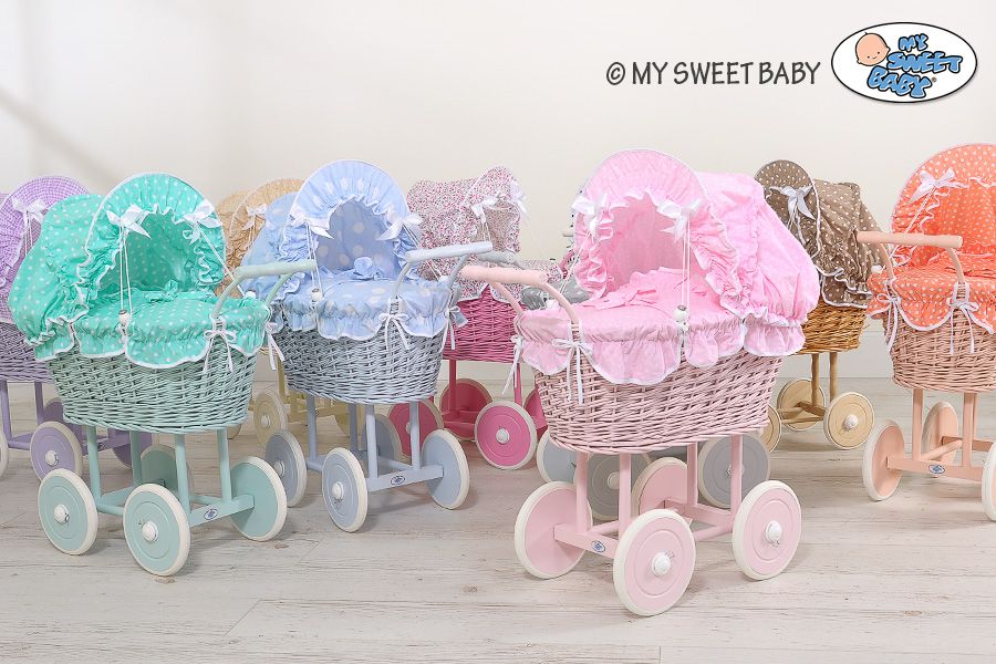 Weißer Puppenwagen aus Weide – Spielzeugwagen – mit Baumwollbezug und leichtgängigem Gestell