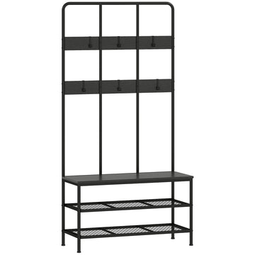 3-in-1 Kapstok met Bankje en Schoenenrek | Kleur: Zwart | Afmetingen: 91x36x180 cm