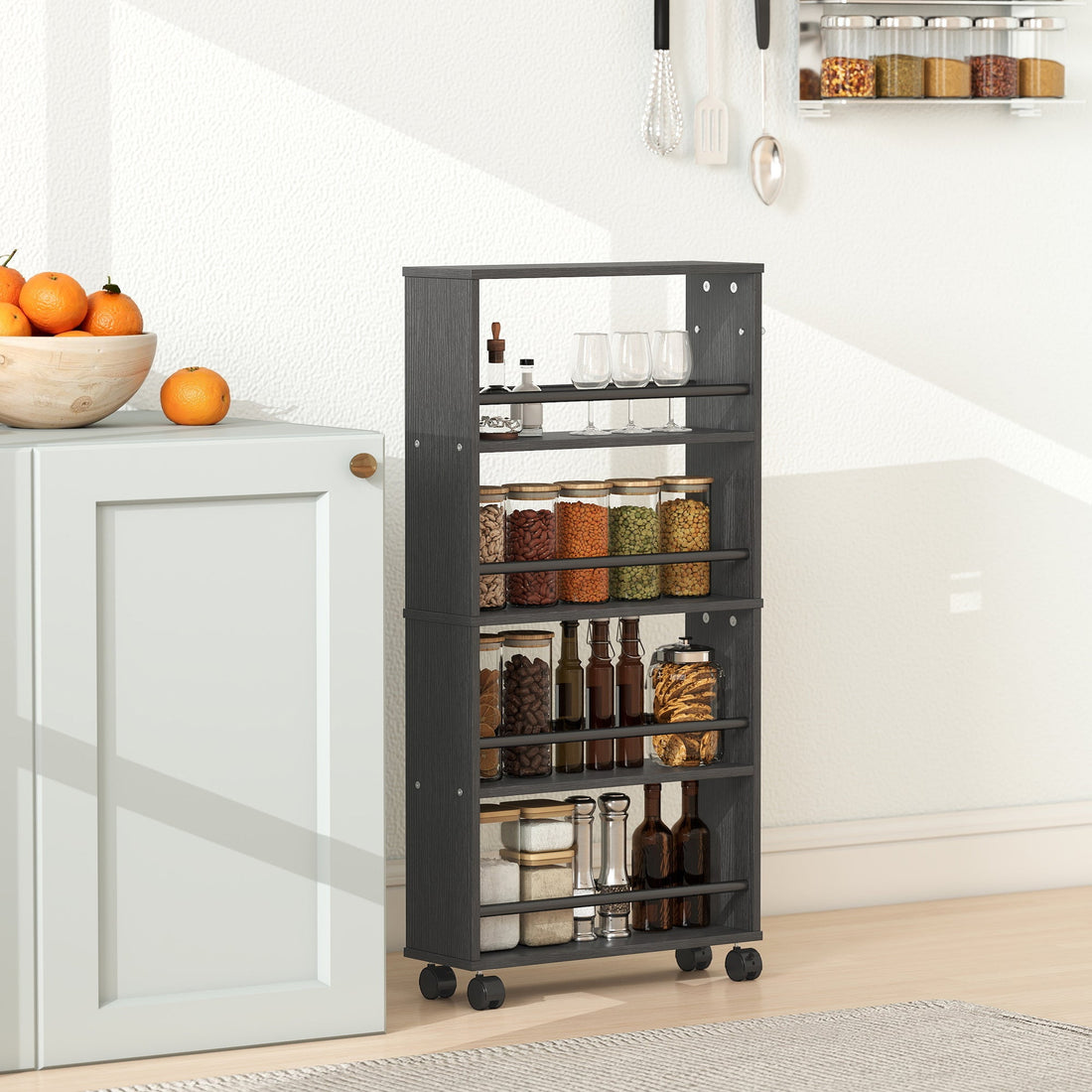 Smalle multifunctionele kast met wielen en 4 vakken | Kleur: Zwart | Afmetingen: 45x15x91 cm