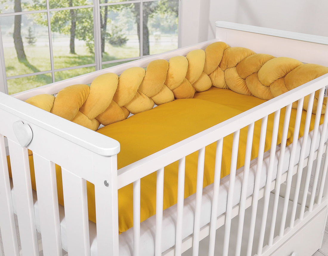 Flätad knutstötskydd, spjälsängsskydd, mjukt skydd för baby, Minky, 180 cm, honungsgul