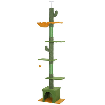 Kattenboom voor plafond met krabpaal en hangmat | Kleur: Groen | Afmetingen: 34x55x230-275 cm