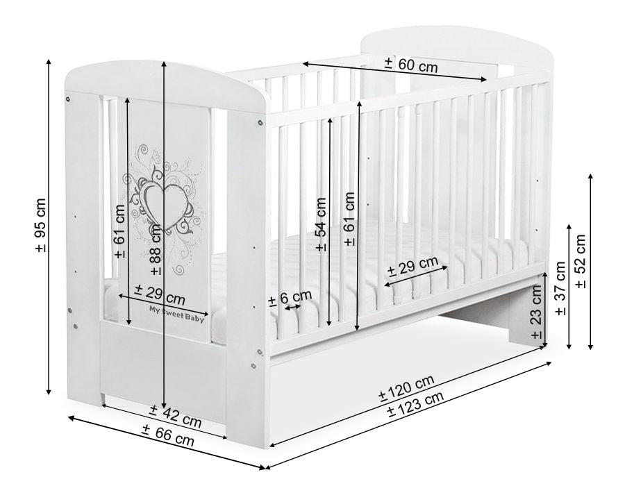 Träsäng 120x60 cm – spjälsäng – säker standardfärg, justerbar i 3 höjder