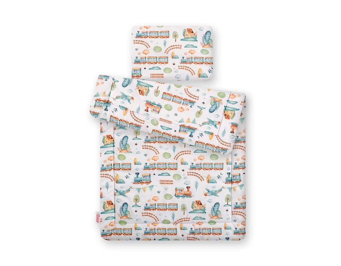 2-delige babybedset, wiegset, extra zacht comfort – turquoise trein, 100% katoen