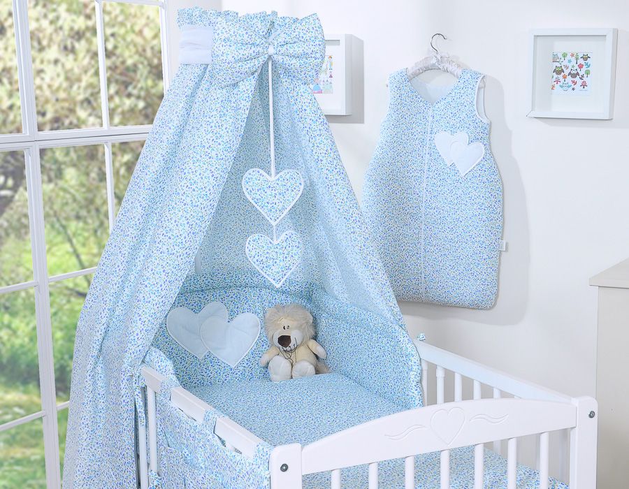 Babylaken 5-delig set, beddengoed, huidvriendelijk comfort met aankleed-kapje - Hanging Hearts