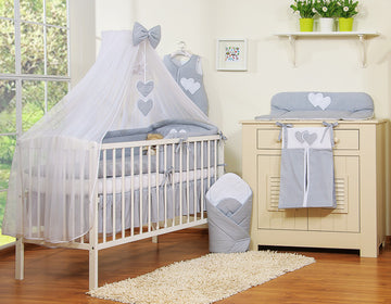 5-delige babybeddenset, ledikantset, huidvriendelijk katoen, met klamboe – Hanging Hearts wit/grijs