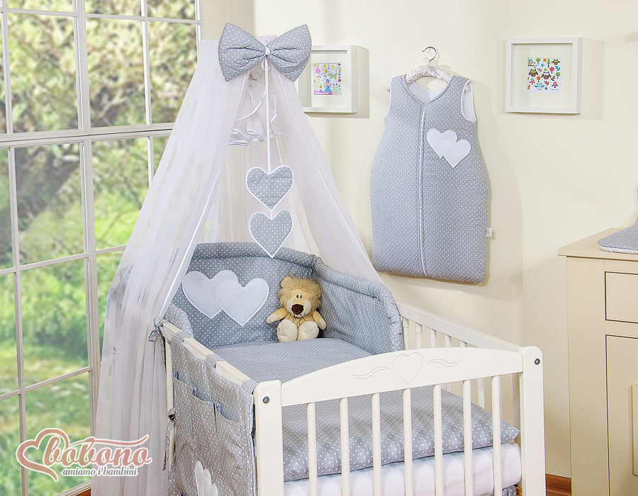 5-delige babybeddenset, ledikantset, huidvriendelijk katoen, met klamboe – Hanging Hearts wit/grijs
