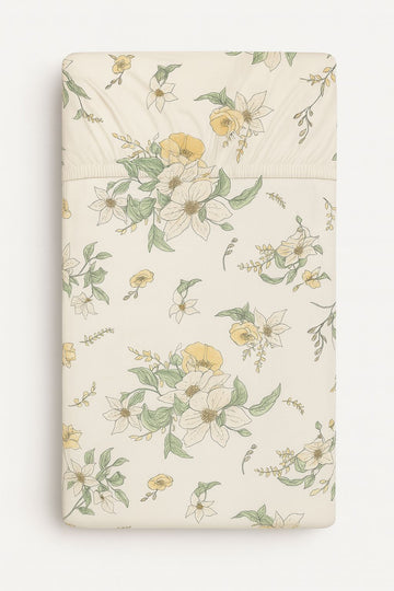 Hoeslaken 120x60 cm katoen – fitted laken – zacht & veilig voor babybed – clematis op beige