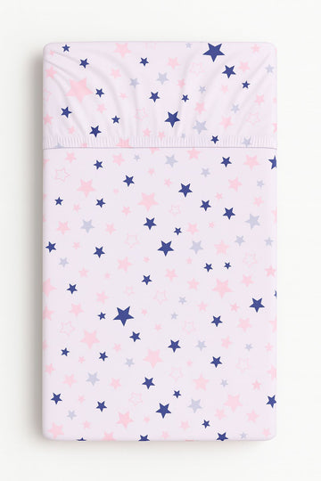 Hoeslaken babybed, laken, 100% katoen – perfecte pasvorm – 140x70 cm – roze-donkerblauwe sterren
