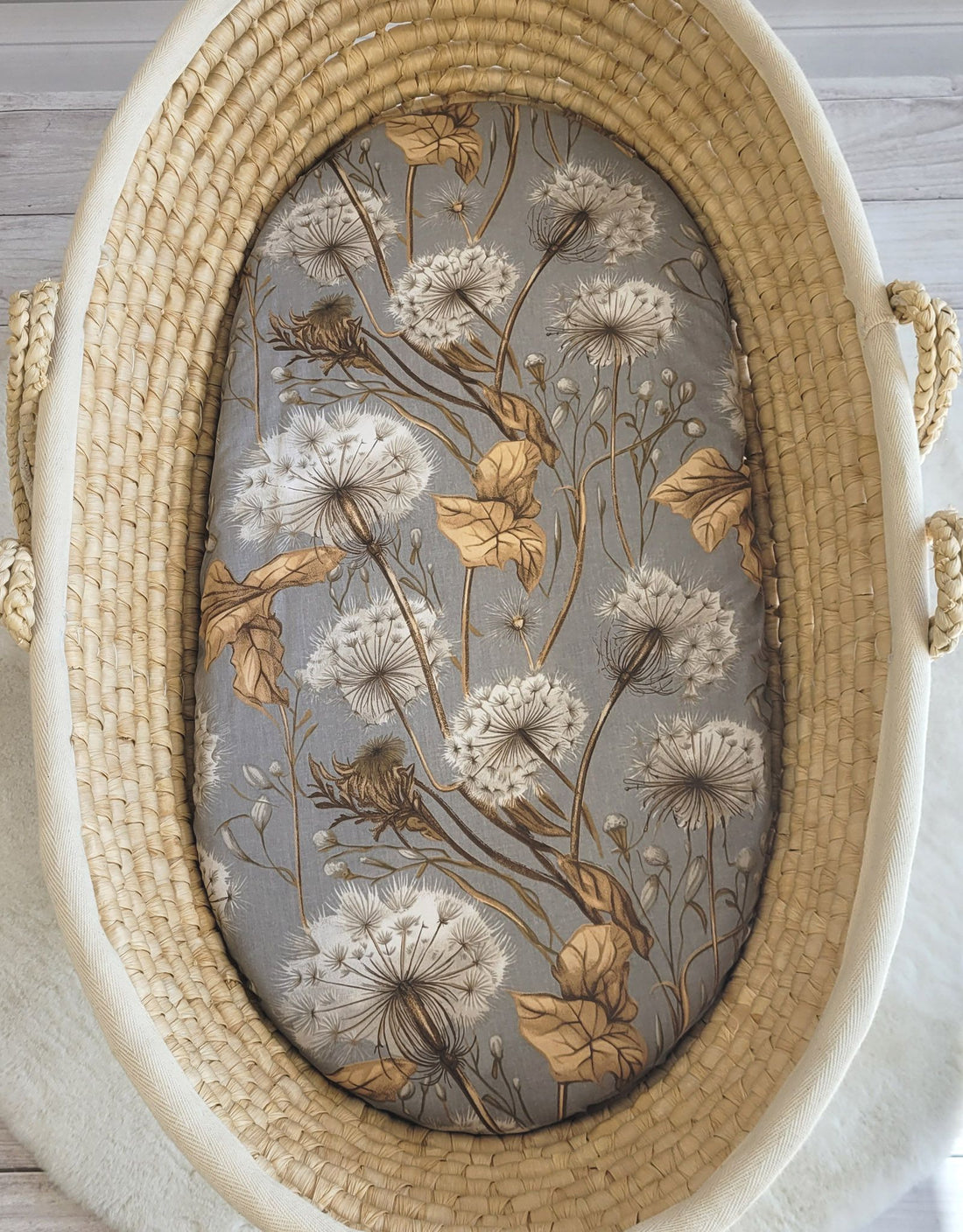 Katoenen hoeslaken - wieglaken - perfecte pasvorm, Oeko-Tex, 75x35cm, grijze paardebloemen