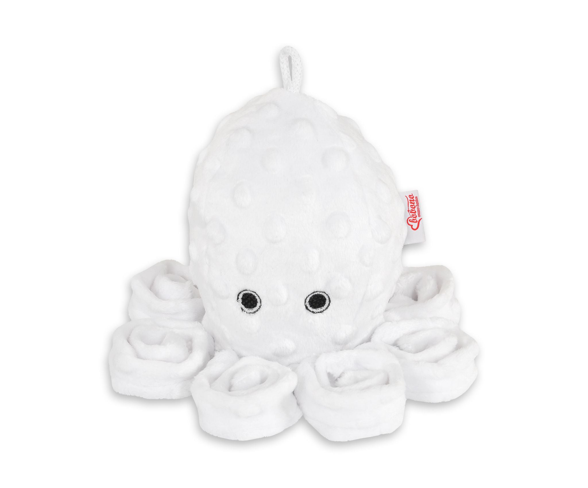 Zachte octopus knuffel – rammelaar – minky fleece – veilig voor baby's – wit met stipjes