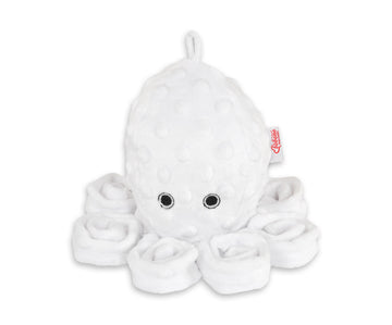 Zachte octopus knuffel – rammelaar – minky fleece – veilig voor baby's – wit met stipjes