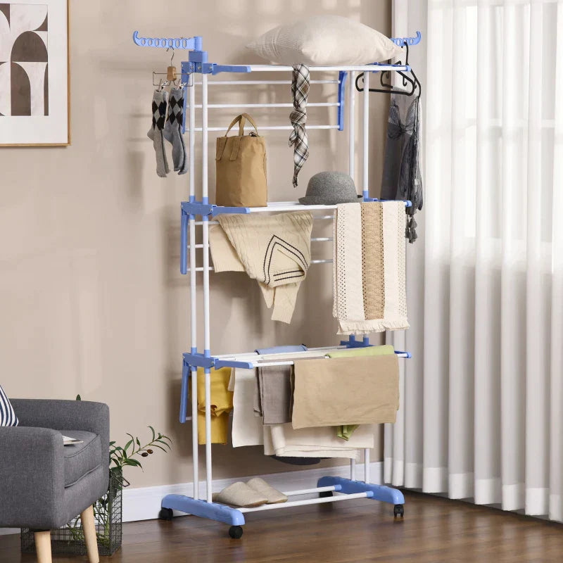 Wasrek op wielen - 4 etages, 14 haken | Kleur: Blauw+Wit | Afmetingen: 64x73x177 cm