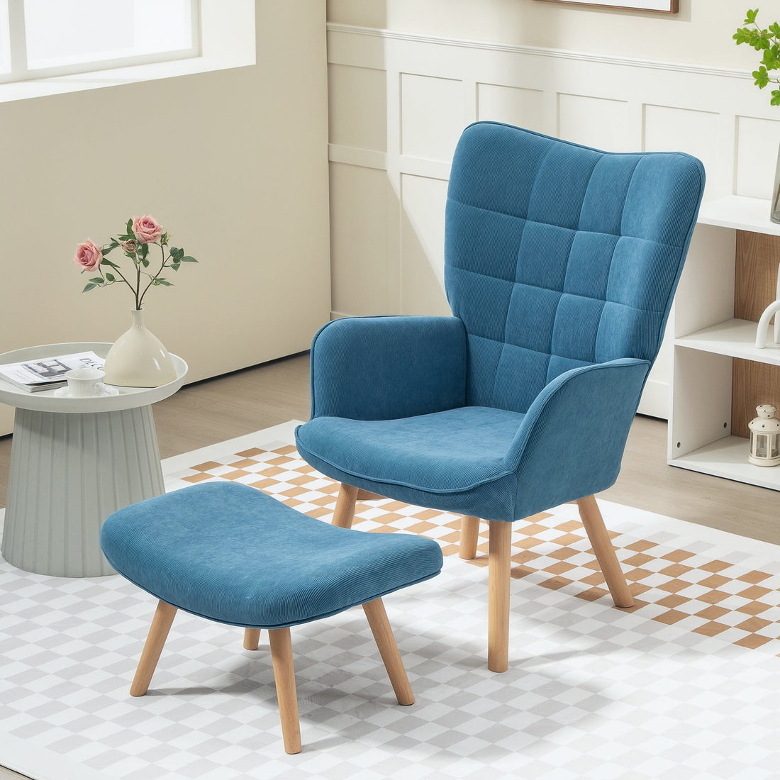 Sessel mit Hocker – Blauer Loungesessel | Farbe: Blau | Abmessungen: 80x72x101 cm
