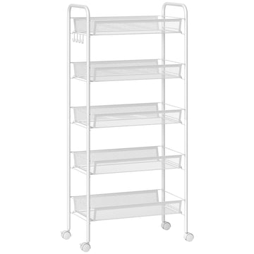 Keuken trolley met 5 draadmanden en 4 haken | Kleur: Wit | Afmetingen: 26,5x45x106 cm