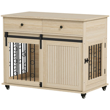 Hondenbench op wielen met 2 deuren en 2 lades | Kleur: Bruin, zwart | Afmetingen: 100x56x81 cm
