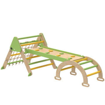 Montessori klimrek 8-in-1 met glijbaan | Kleur: Bruin en groen | Afmetingen: 191.5x74.5x63 cm