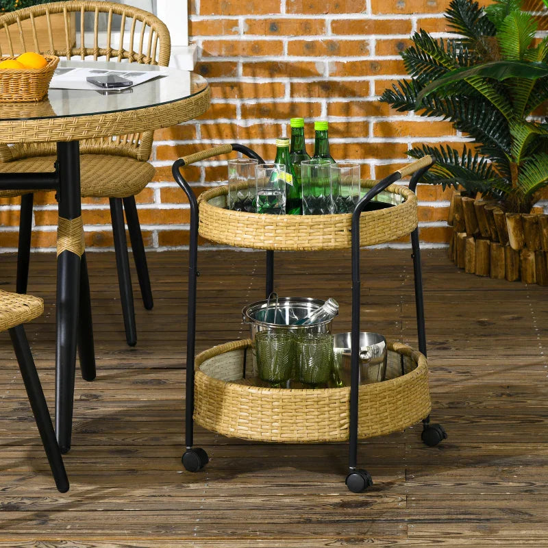Serveerwagen voor buiten - Rattan barwagen | Kleur: Geel, zwart | Afmetingen: 50x50x66 cm