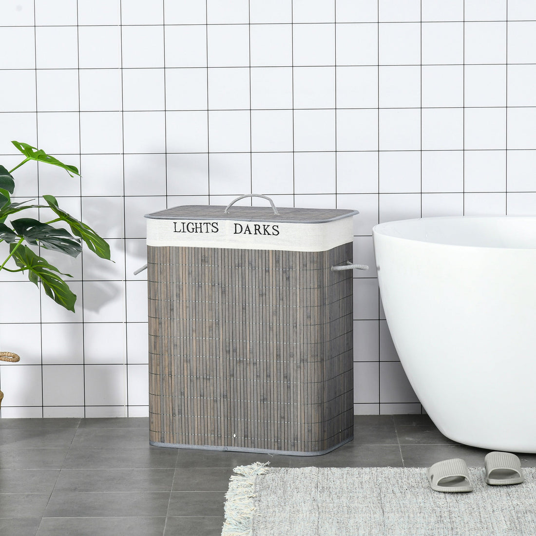 Wäschekorb 100L mit 2 Fächern und waschbarem Innenbeutel | Farbe: Grau | Maße: 52x32x63 cm