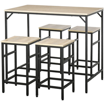 Barset met bartafel en 4 krukken | Kleur: Zwart+Eiken | Afmetingen: 60x100x88 cm