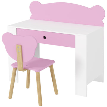 Kinderbureau met stoel - Beerdesign, lade | Kleur: Roze + Wit | Afmetingen: 80x41x74,5 cm