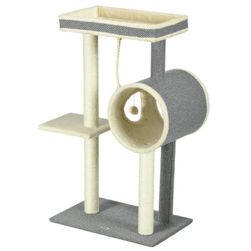 Kattenboom met krabpalen en tunnel | Kleur: Grijs+Beige+Crème | Afmetingen: 60x40x104 cm